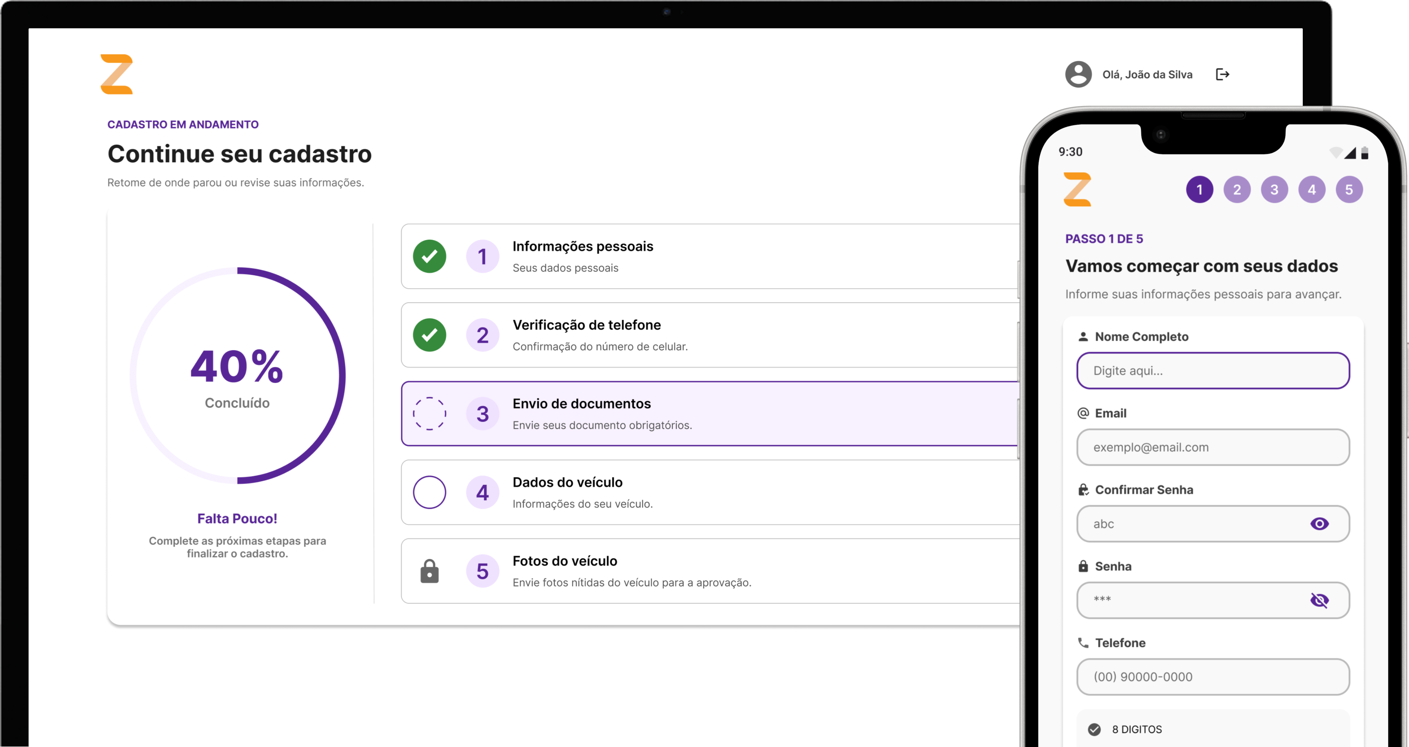 Portal de cadastro de motoristas ZipMove com etapas de documentação