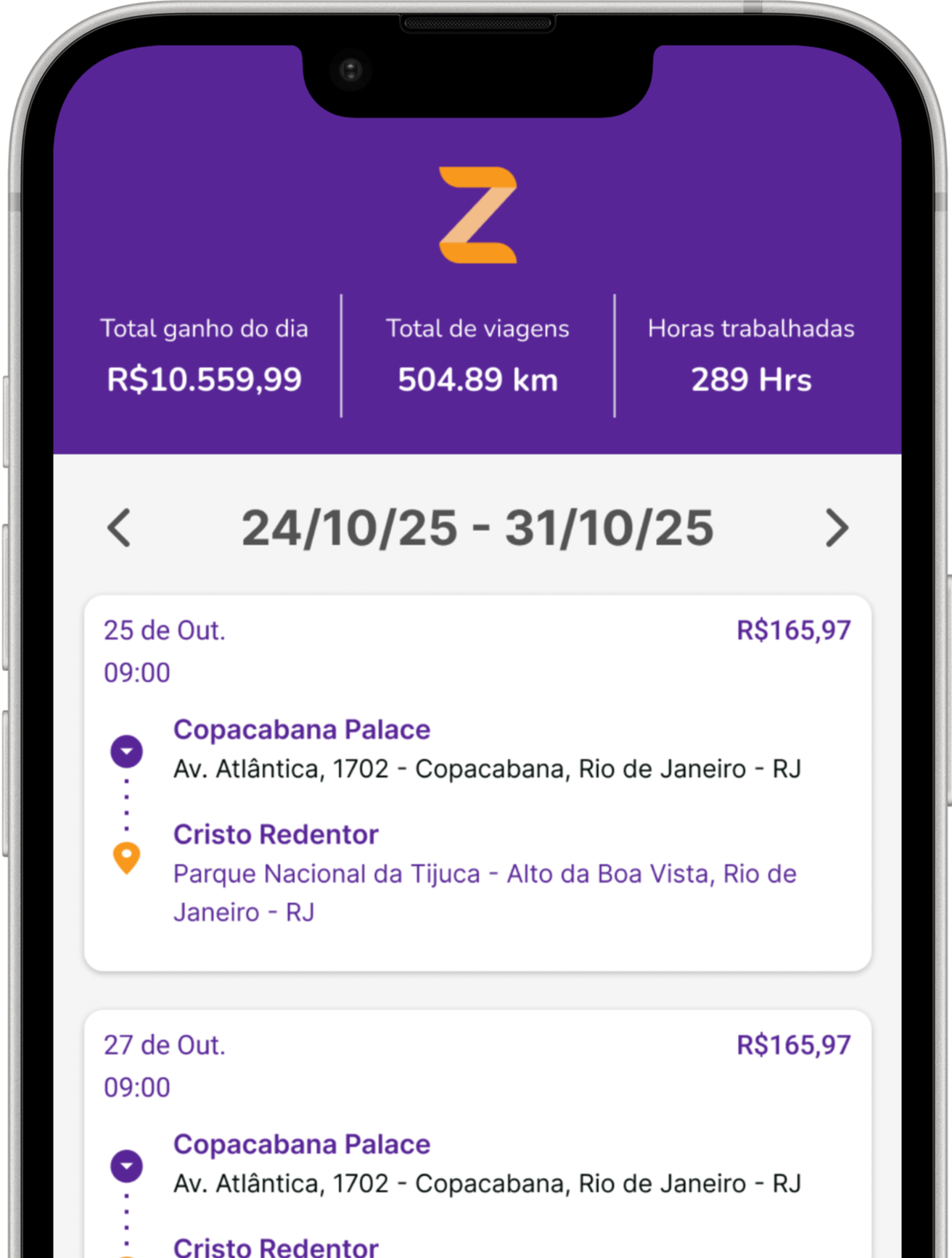 Tela de histórico e ganhos do App ZipMove Motorista