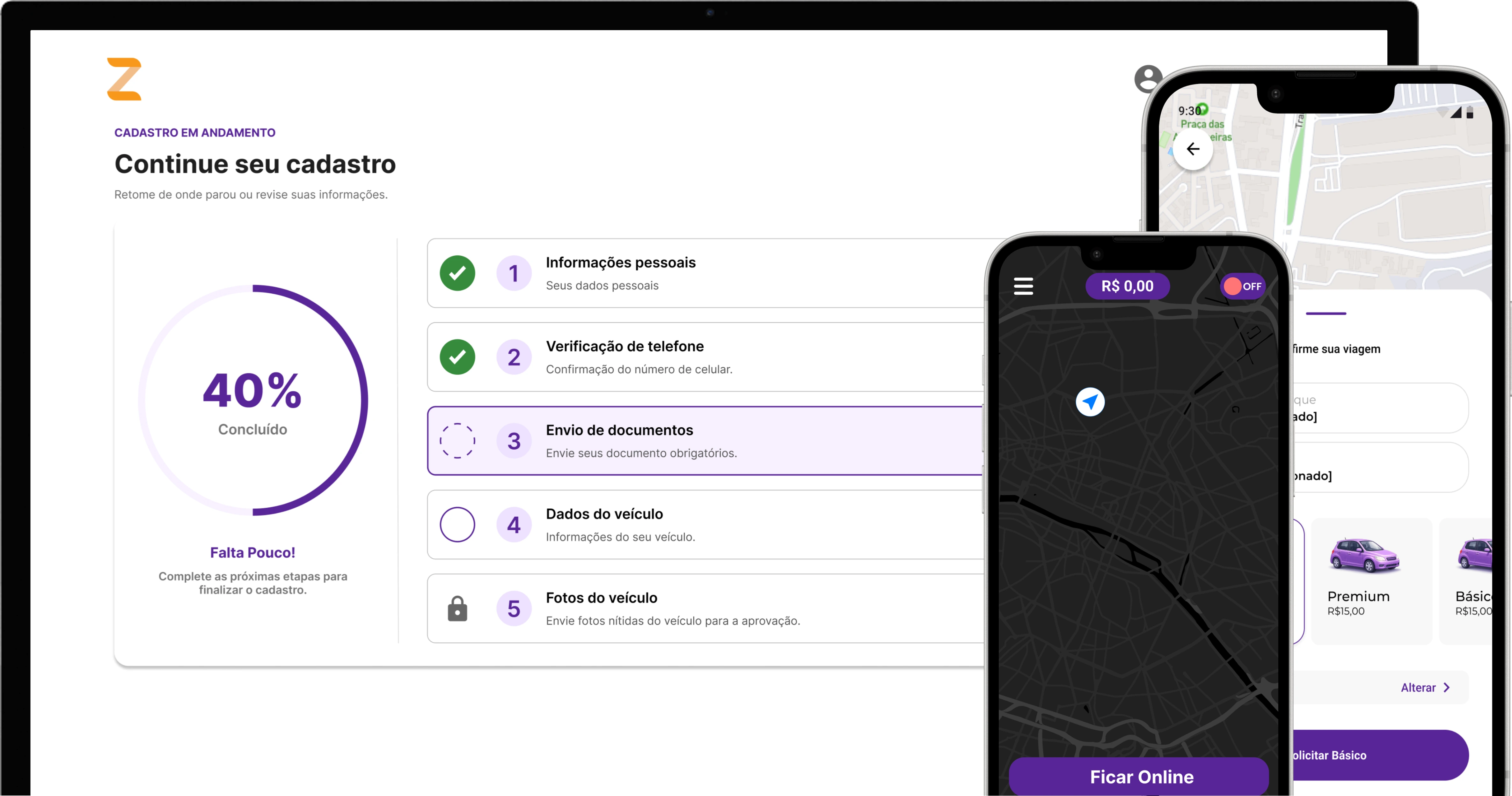 Portal de cadastro, App Motorista e App Passageiro funcionam como um único sistema.