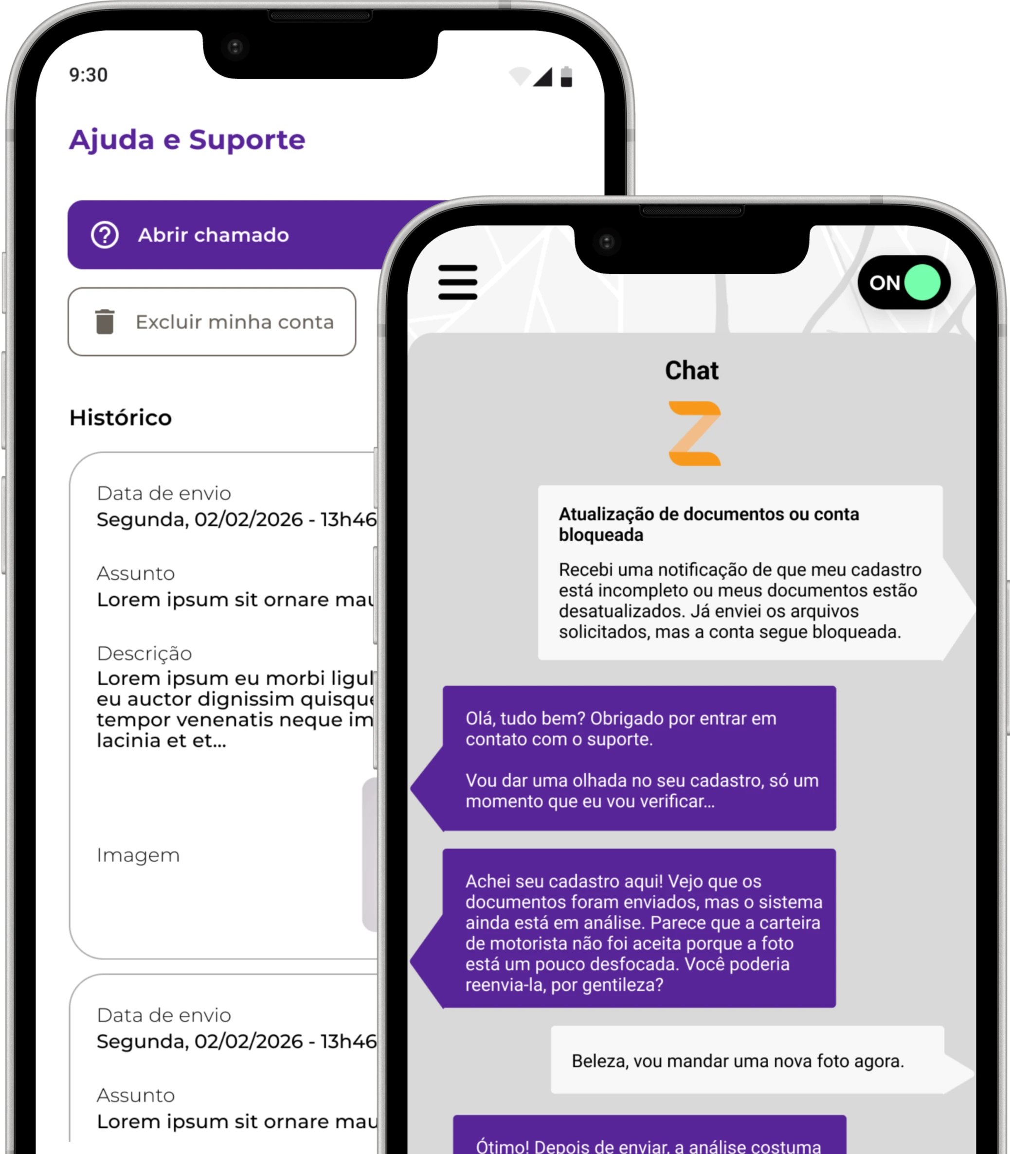 Interface de suporte integrado no App ZipMove